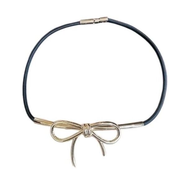 Designer Goldtone Metal Bow Belt Black Stretch  Sz S (28" To 34") Signed - Picture 2 of 7